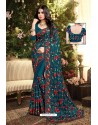 Teal Blue Satin Silk Reasham Embroidered Designer Saree