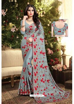 Grey Satin Silk Reasham Embroidered Designer Saree