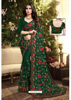 Dark Green Satin Silk Reasham Embroidered Designer Saree