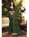 Dark Green Satin Silk Reasham Embroidered Designer Saree