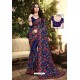 Navy Blue Satin Silk Reasham Embroidered Designer Saree