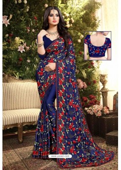 Navy Blue Satin Silk Reasham Embroidered Designer Saree