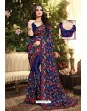 Navy Blue Satin Silk Reasham Embroidered Designer Saree