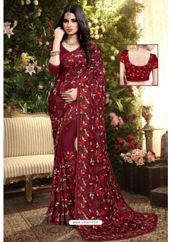 Maroon Satin Silk Reasham Embroidered Designer Saree