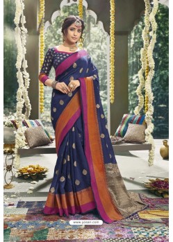 Navy Blue Latest Designer Festive Wear Saree