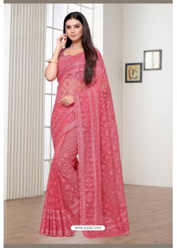 Light Pink Net Embroidered Party Wear Designer Saree