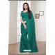 Teal Net Embroidered Party Wear Designer Saree