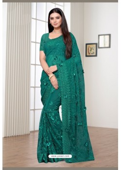 Teal Net Embroidered Party Wear Designer Saree