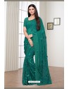 Teal Net Embroidered Party Wear Designer Saree