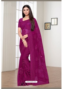 Purple Net Embroidered Party Wear Designer Saree