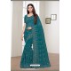 Teal Blue Net Embroidered Party Wear Designer Saree