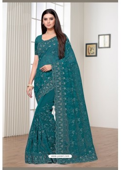 Teal Blue Net Embroidered Party Wear Designer Saree