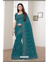 Teal Blue Net Embroidered Party Wear Designer Saree