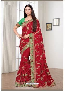 Red Satin Georgette Party Wear Designer Saree