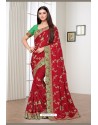 Red Satin Georgette Party Wear Designer Saree