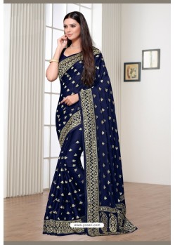 Navy Blue Satin Georgette Party Wear Designer Saree