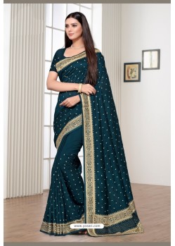 Peacock Blue Satin Georgette Party Wear Designer Saree