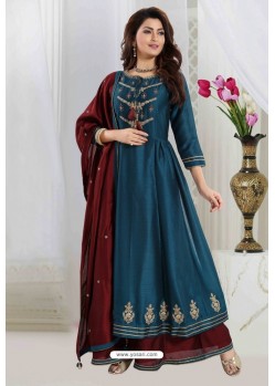 Teal blue And Maroon Art Silk Party Wear Designer Suit