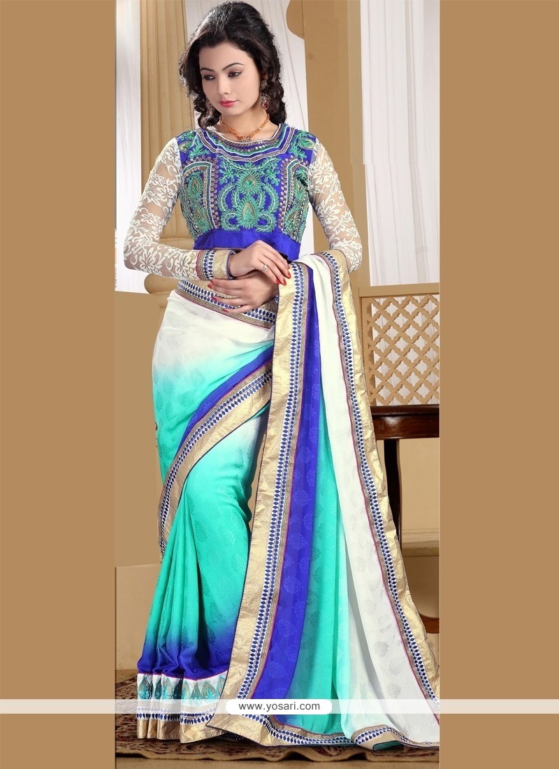 Fabulous Blue And Off White Resham Work Satin Designer Saree