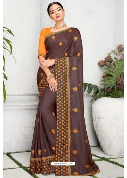 Brown Silk Designer Embroidered Saree