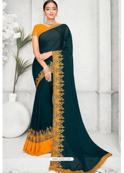 Peacock Blue Chiffon Designer Embroidered Saree