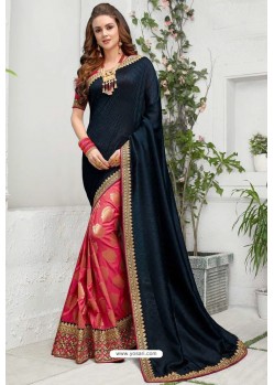 Navy And Pink Silk Designer Embroidered Saree