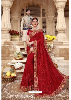 Red Heavy Designer Burfi Silk Saree