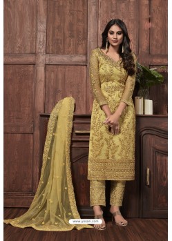 Yellow Heavy Thread Embroidered Designer Suit