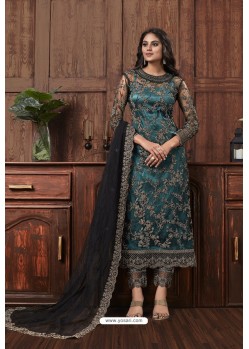 Teal Heavy Thread Embroidered Designer Suit