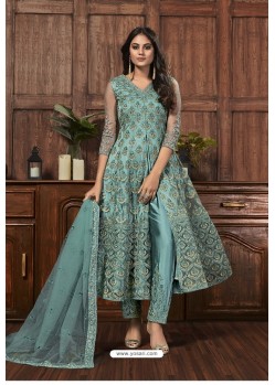 Turquoise Blue Heavy Thread Embroidered Designer Suit