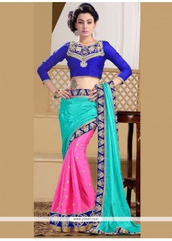 Praiseworthy Faux Chiffon Hot Pink And Turquoise Patch Border Work Designer Saree