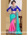 Praiseworthy Faux Chiffon Hot Pink And Turquoise Patch Border Work Designer Saree