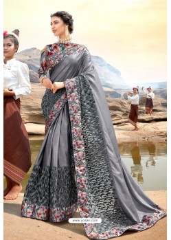 Grey Traditional Wear Satin Lycra Designer Saree
