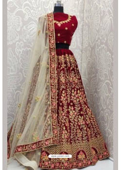 Maroon Velvet Heavy Embroidered Designer Lehenga Choli