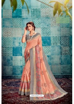 Peach Stylish Tussar Silk Thread Embroidered Saree