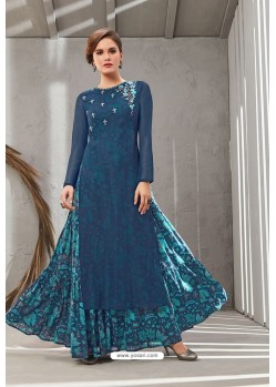 Navy Blue Poly Organdy Latest Party Wear Gown
