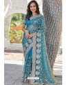 Turquoise Blue Heavy Embroidery Work Designer Wedding Saree