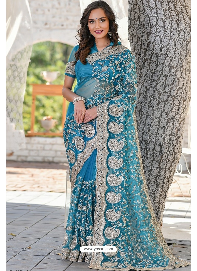 Buy Turquoise Blue Heavy Embroidery Work Designer Wedding Saree ...