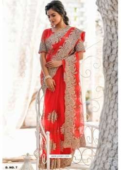 Red Heavy Embroidery Work Designer Wedding Saree