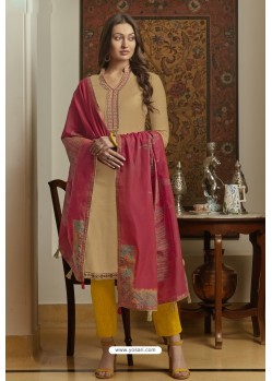 Beige And Yellow Muslin Embroidered Straight Suit