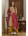 Beige And Yellow Muslin Embroidered Straight Suit
