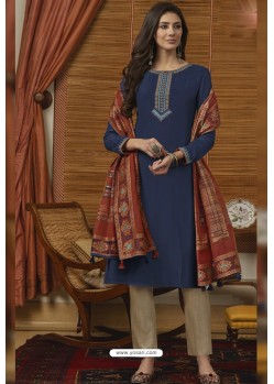 Navy And Beige Muslin Embroidered Straight Suit