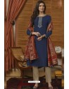 Navy And Beige Muslin Embroidered Straight Suit