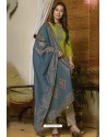 Green And Grey Muslin Embroidered Straight Suit