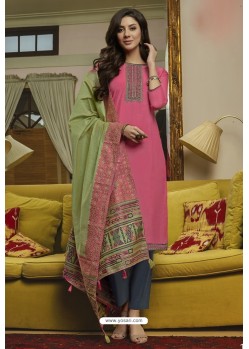 Hot Pink And Grey Muslin Embroidered Straight Suit