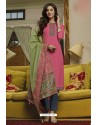 Hot Pink And Grey Muslin Embroidered Straight Suit