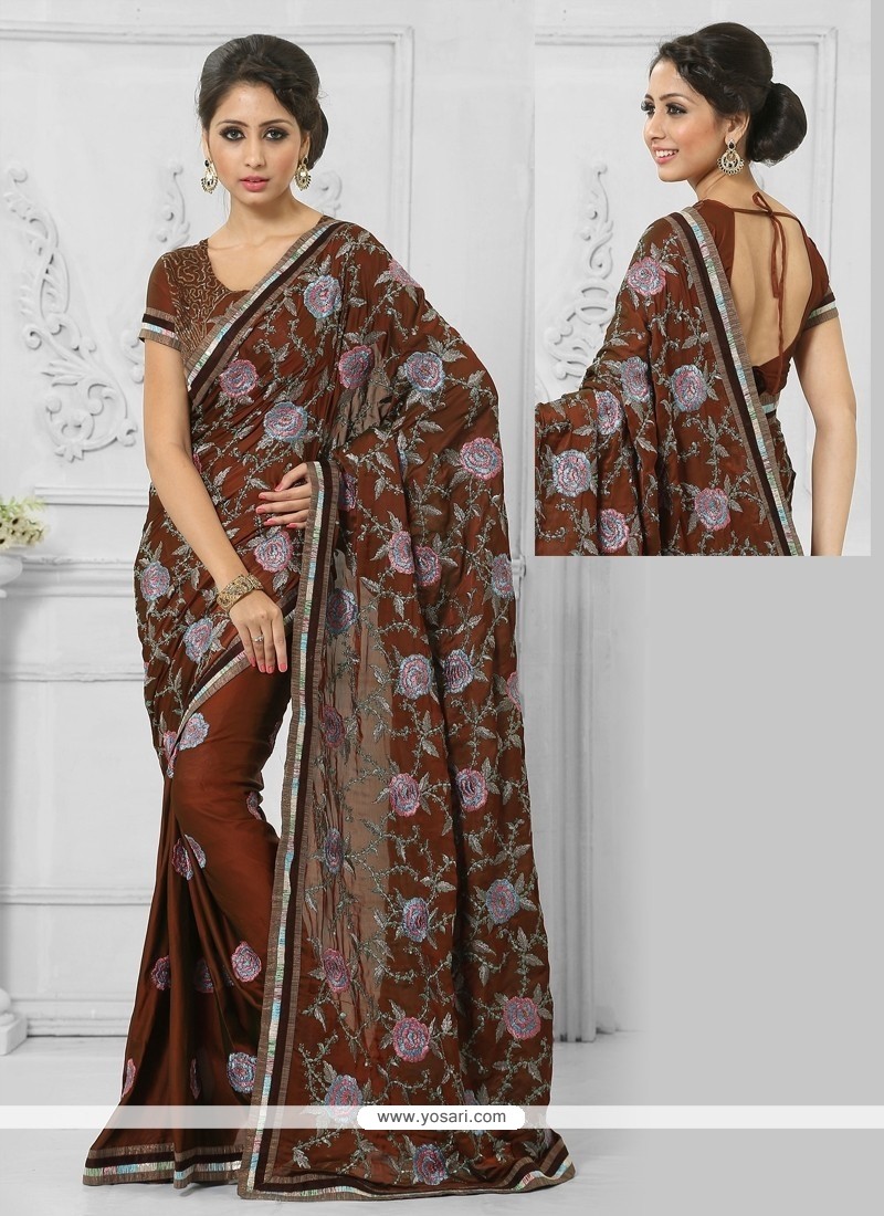 Prime Resham Work Brown Crepe Silk Designer Saree