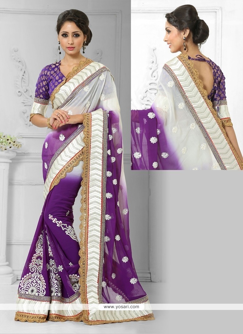 Glamorous Faux Chiffon Purple And White Zari Work Designer Saree