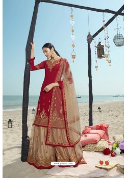 Red And Beige Designer Bridal Wear Heavy Net Lehenga Suit