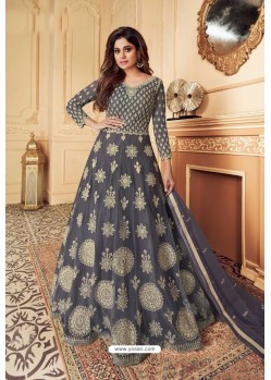 Grey Heavy Designer Butterfly Net Aanarkali Suit